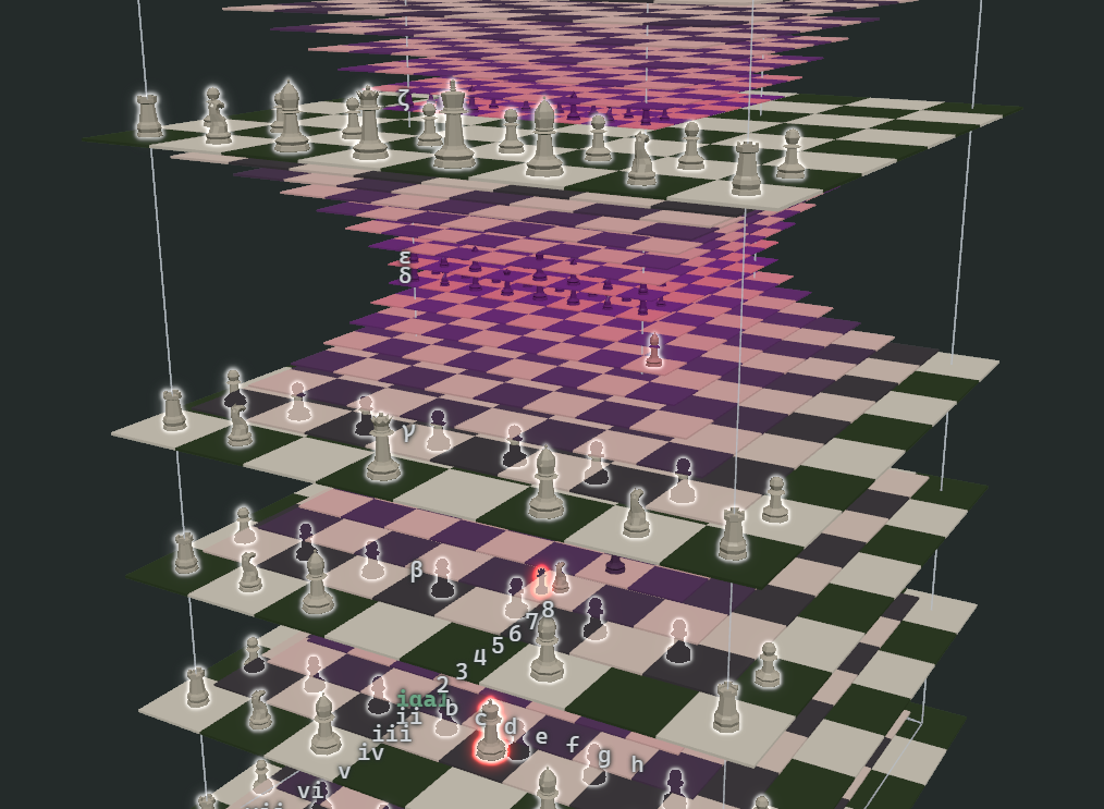 Stacked chessboards receding into the distance, forming a four-dimensional chess position.