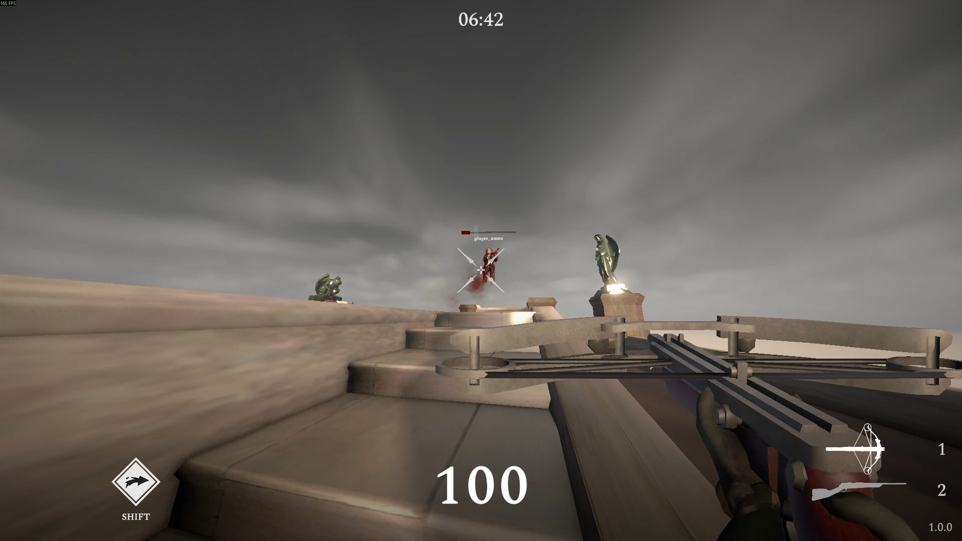 A screencap of a competitive arena first-person shooter.