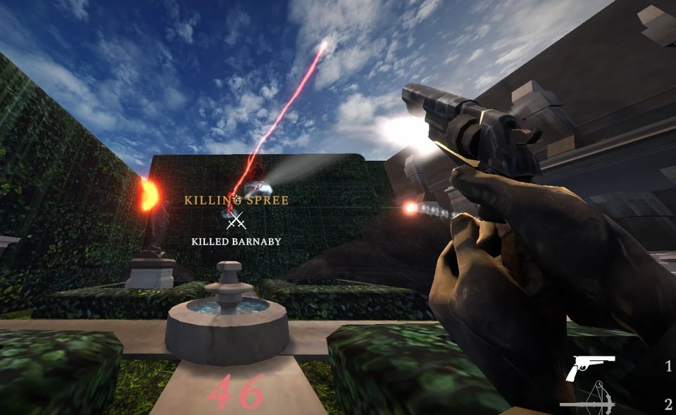 ARKVAIN gameplay: firing a revolver across a hedge-walled garden arena, with a Killing Spree medal on screen.