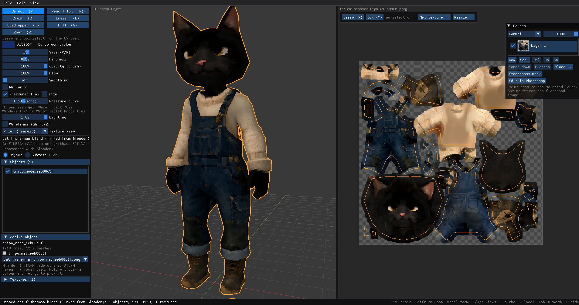 Sable painting a character: the 3D view on the left, the UV layout over the texture on the right, and a layers panel.