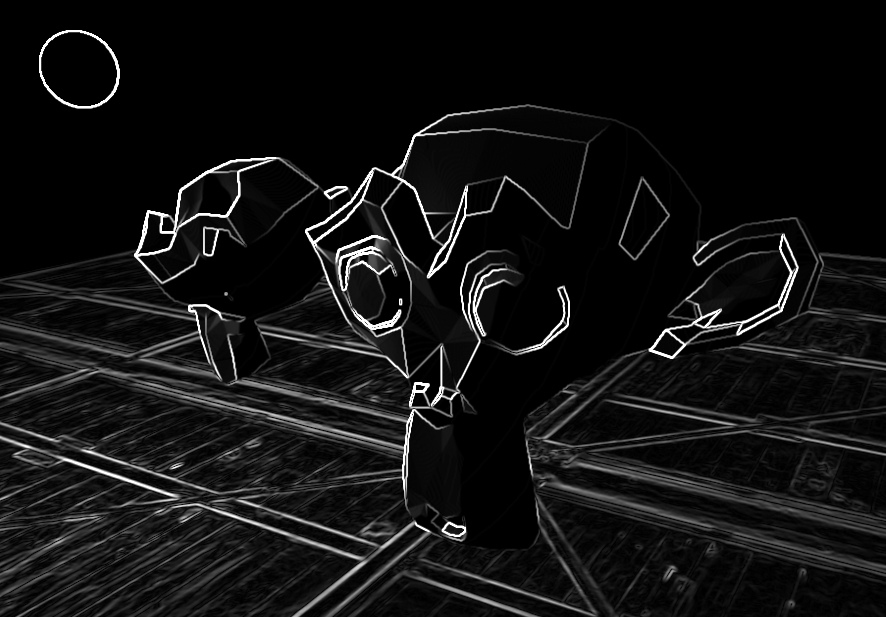 Two Suzanne monkey heads and a tiled floor reduced to glowing outlines by the Sobel edge-detection pass.
