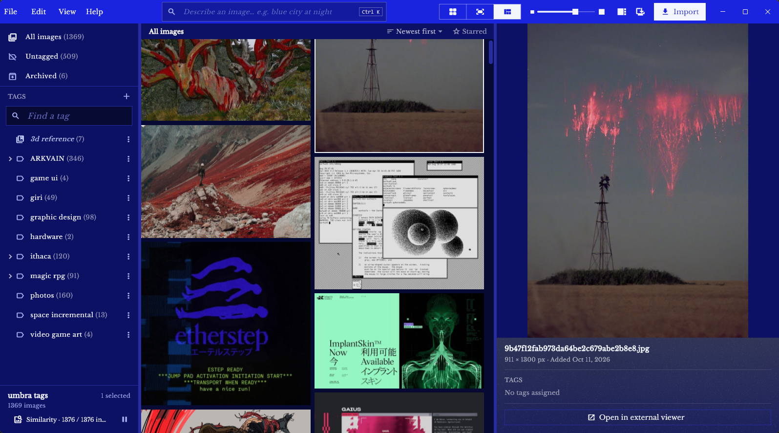 A screencap of a software window with two panes displaying several artworks.