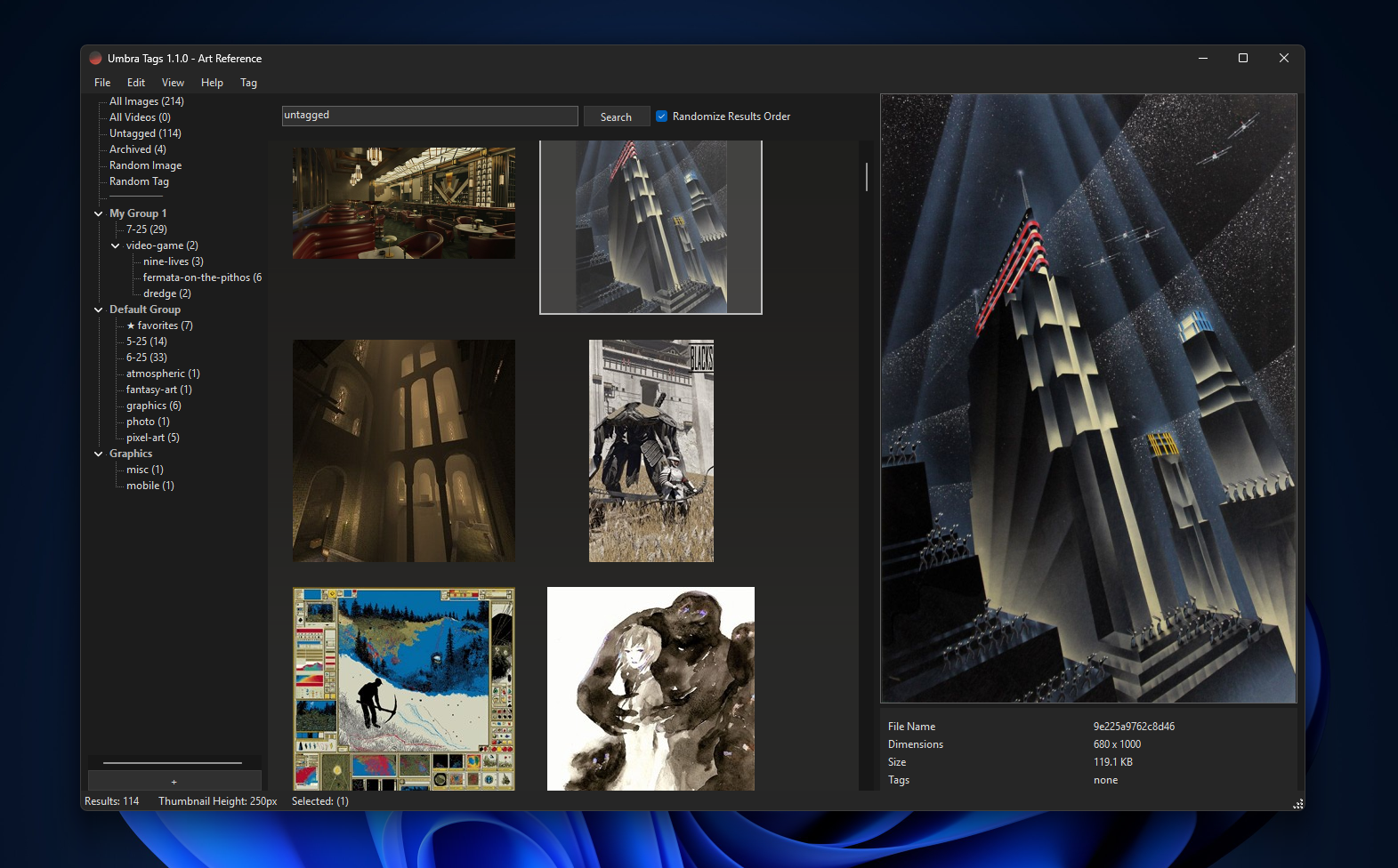 A screencap of a software window with two panes displaying several artworks.